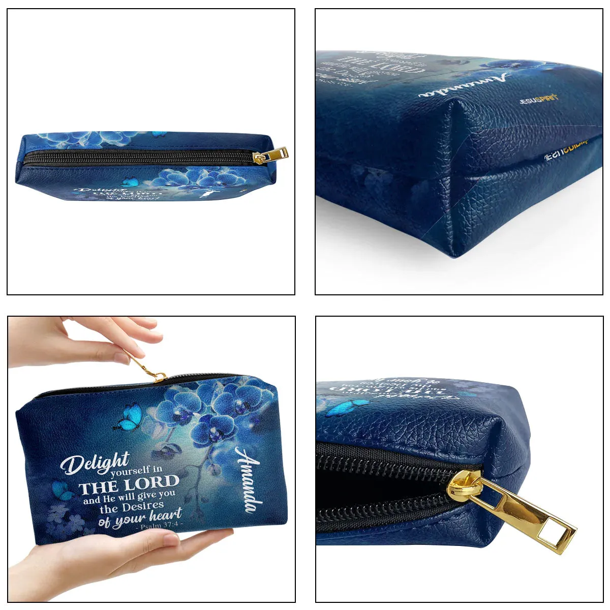 Christianartbag Makeup Cosmetic Bag, Delight Yourself In The Lord Psalm 37:4, Christmas Gift, Personalized Leather Cosmetic Bag.