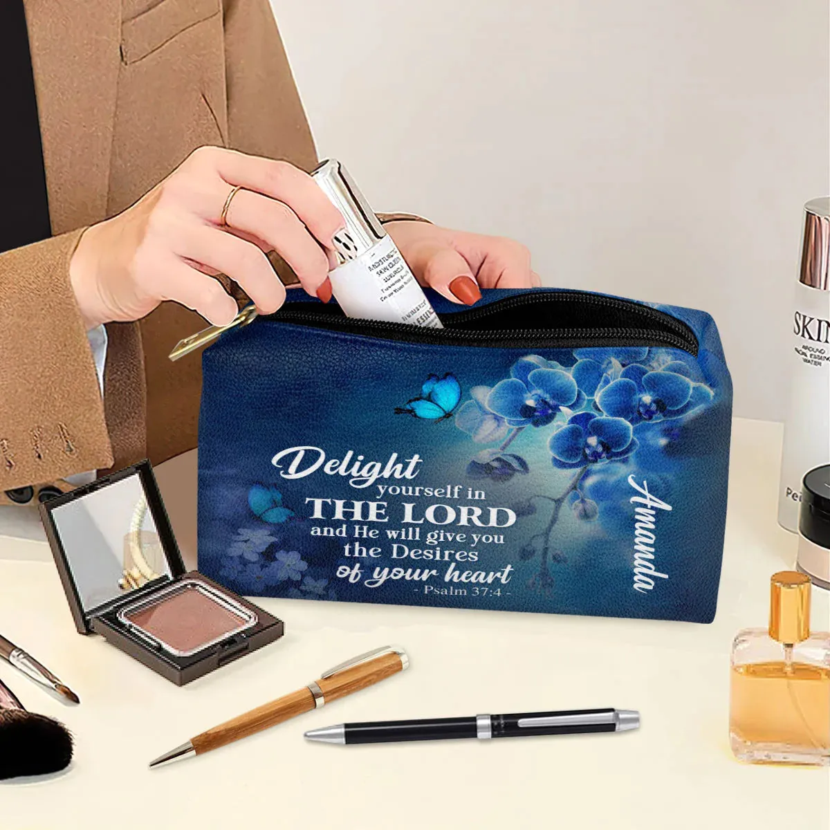 Christianartbag Makeup Cosmetic Bag, Delight Yourself In The Lord Psalm 37:4, Christmas Gift, Personalized Leather Cosmetic Bag.
