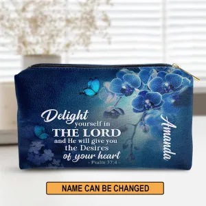 Christianartbag Makeup Cosmetic Bag, Delight Yourself In The Lord Psalm 37:4, Christmas Gift, Personalized Leather Cosmetic Bag.