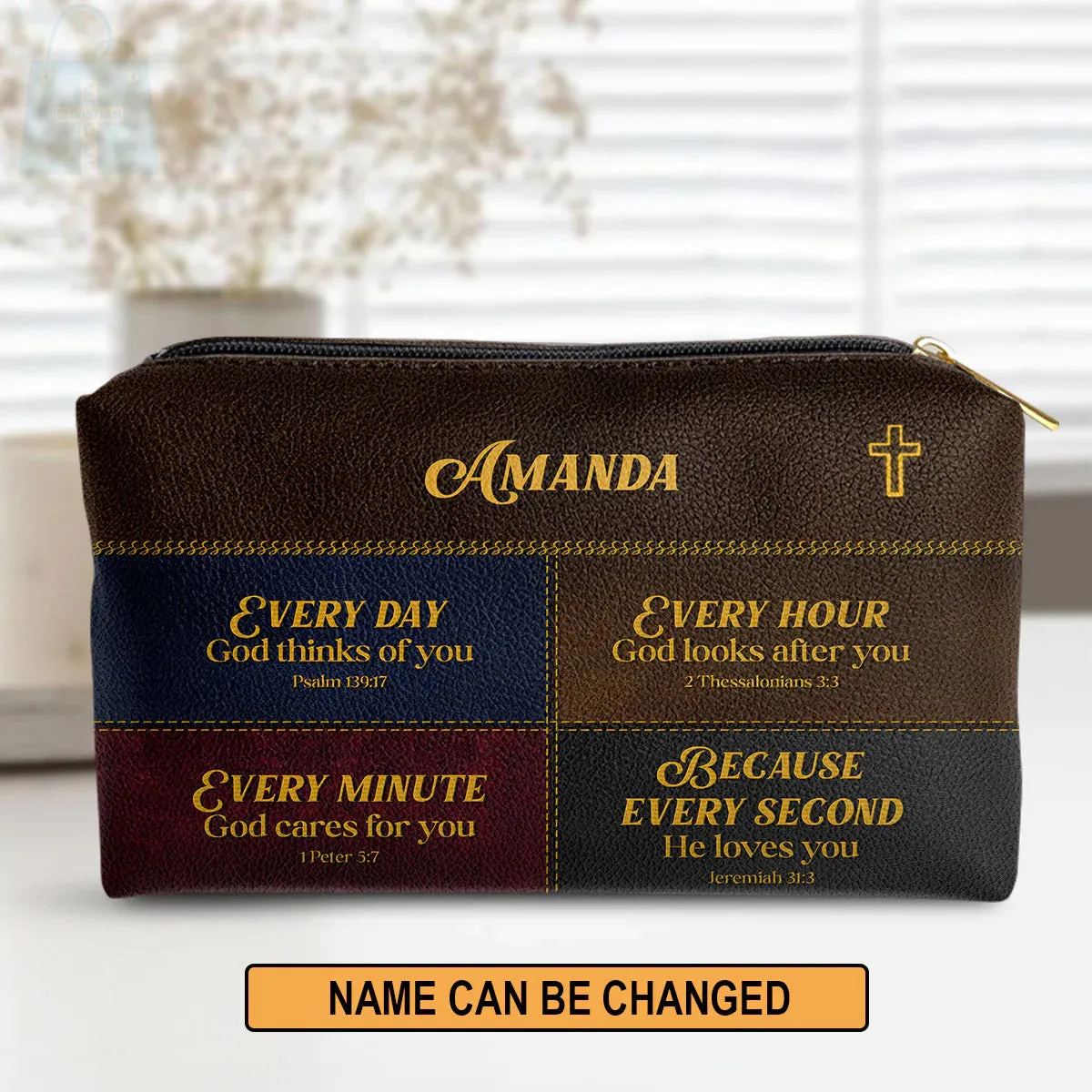 Christianartbag Makeup Cosmetic Bag, Everyday God Thinks Of You, Christmas Gift, Personalized Leather Cosmetic Bag.