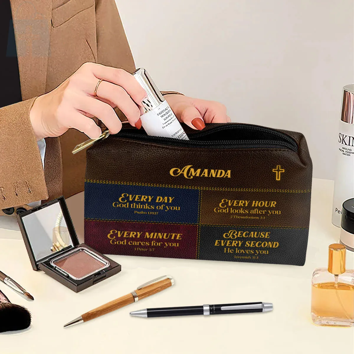 Christianartbag Makeup Cosmetic Bag, Everyday God Thinks Of You, Christmas Gift, Personalized Leather Cosmetic Bag.