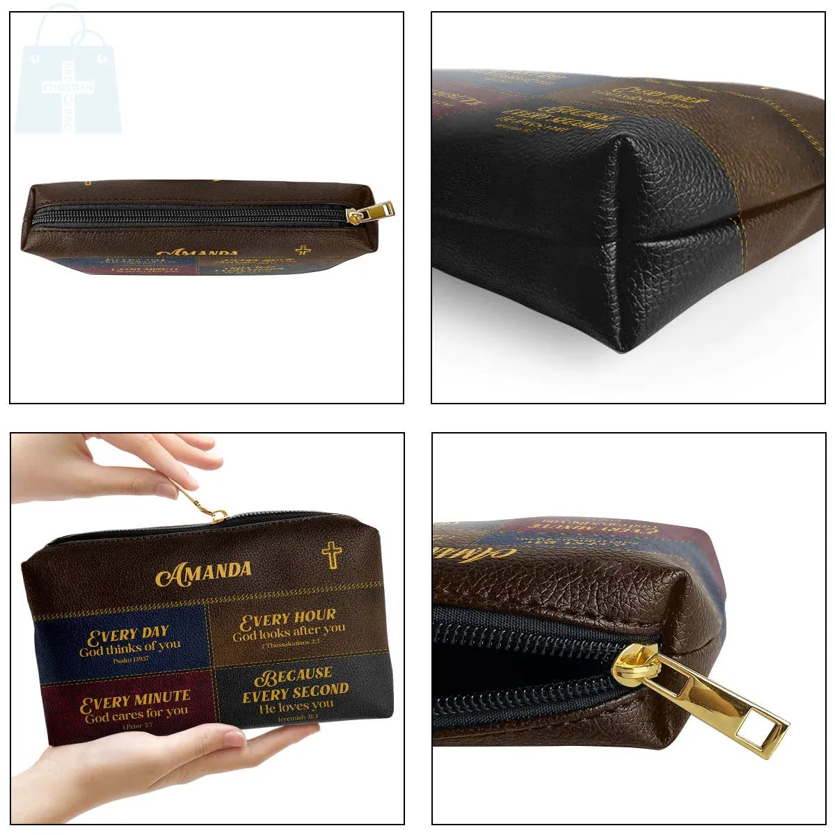 Christianartbag Makeup Cosmetic Bag, Everyday God Thinks Of You, Christmas Gift, Personalized Leather Cosmetic Bag.