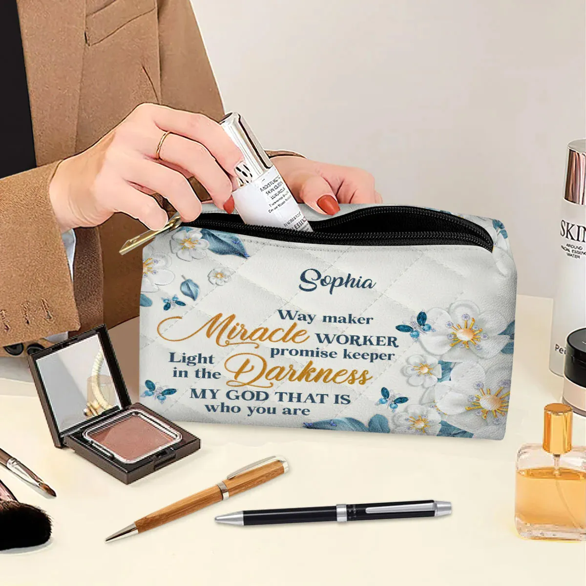 Christianartbag Makeup Cosmetic Bag, Flower & Butterfly | Way Maker And Miracle Worker, Christmas Gift, Personalized Leather Cosmetic Bag.