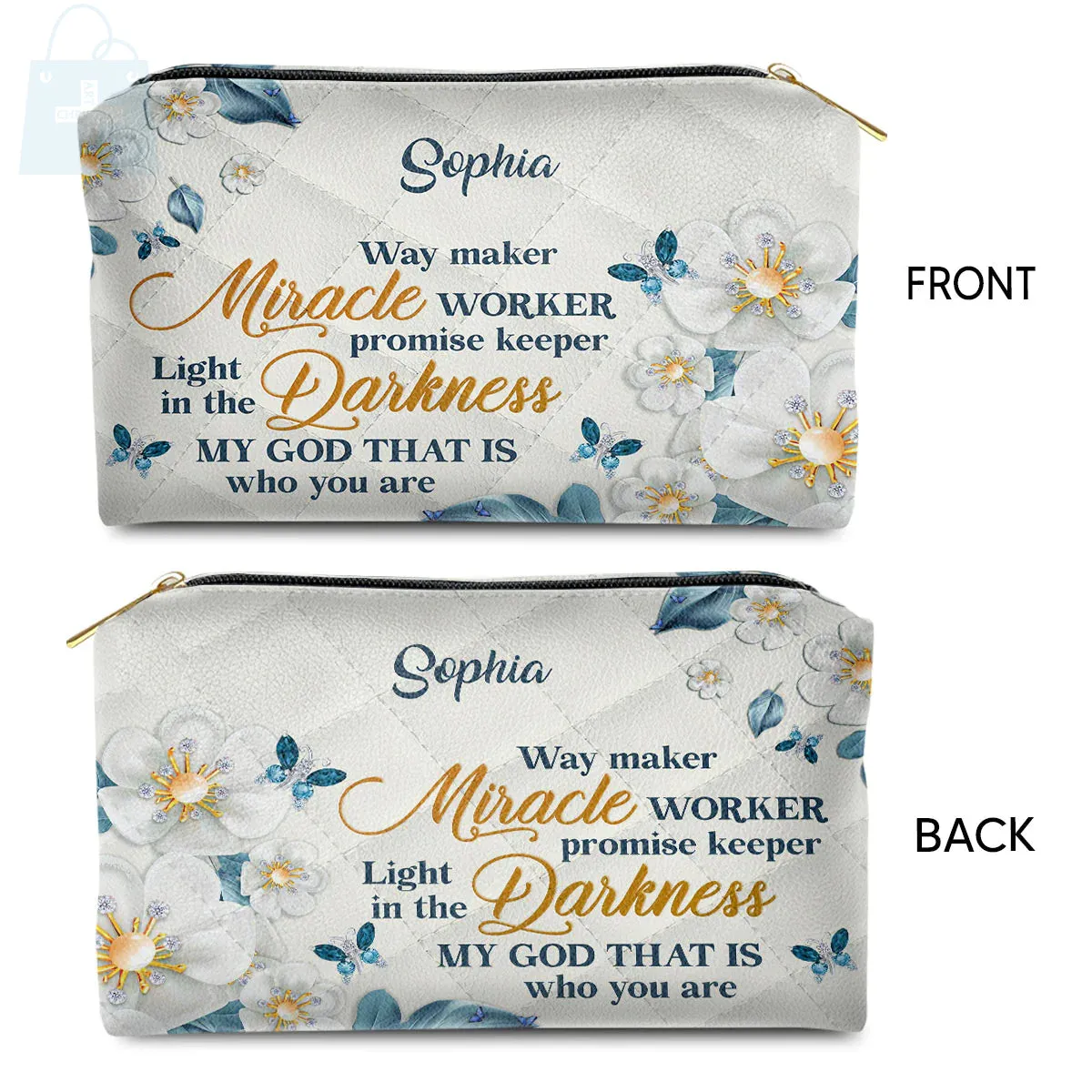 Christianartbag Makeup Cosmetic Bag, Flower & Butterfly | Way Maker And Miracle Worker, Christmas Gift, Personalized Leather Cosmetic Bag.