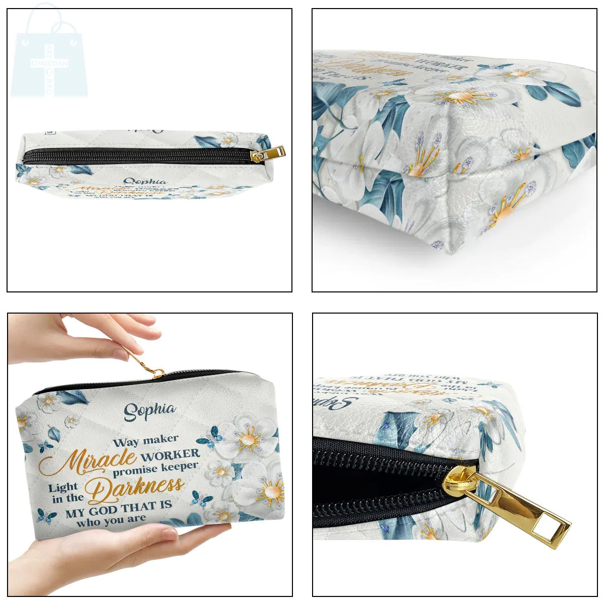 Christianartbag Makeup Cosmetic Bag, Flower & Butterfly | Way Maker And Miracle Worker, Christmas Gift, Personalized Leather Cosmetic Bag.