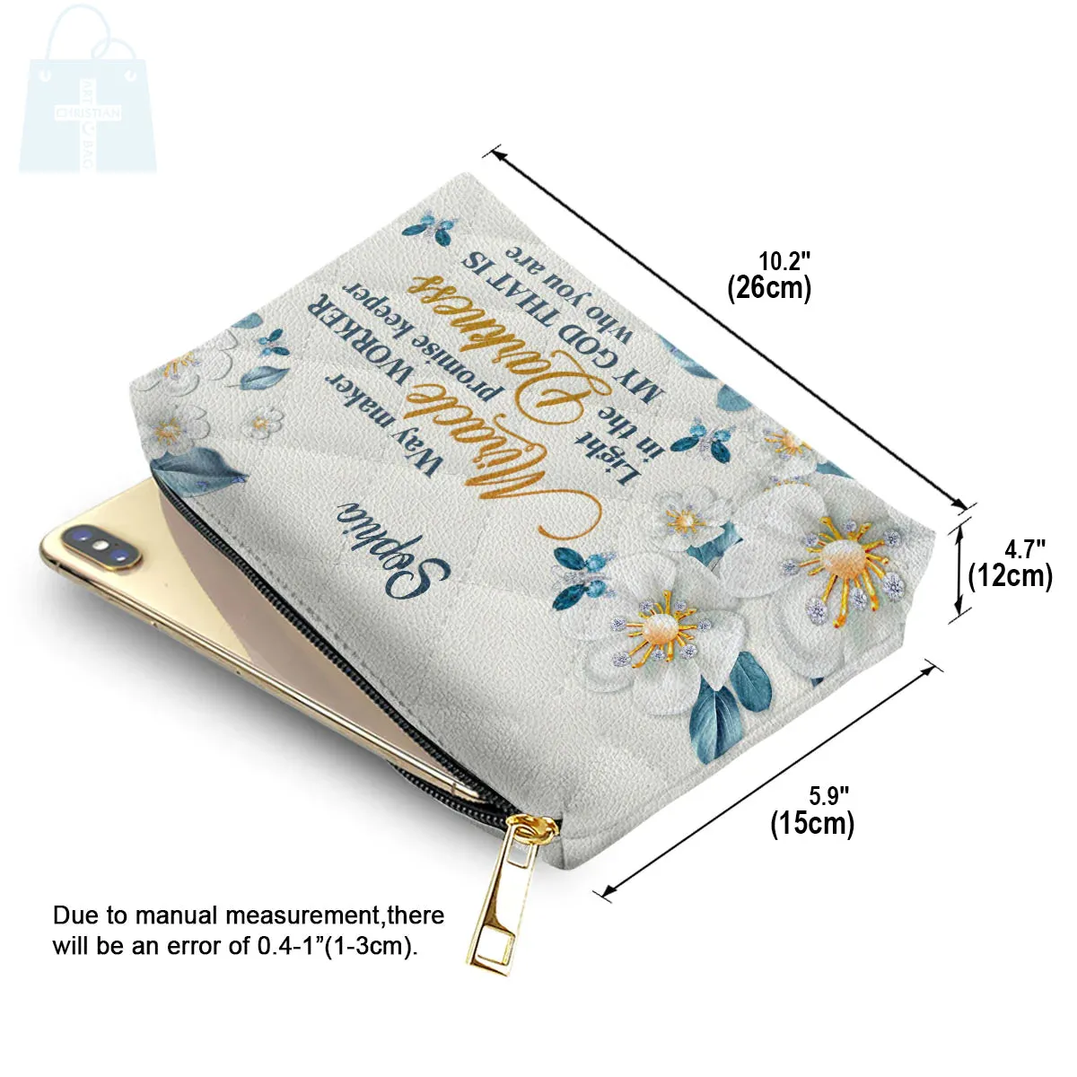 Christianartbag Makeup Cosmetic Bag, Flower & Butterfly | Way Maker And Miracle Worker, Christmas Gift, Personalized Leather Cosmetic Bag.