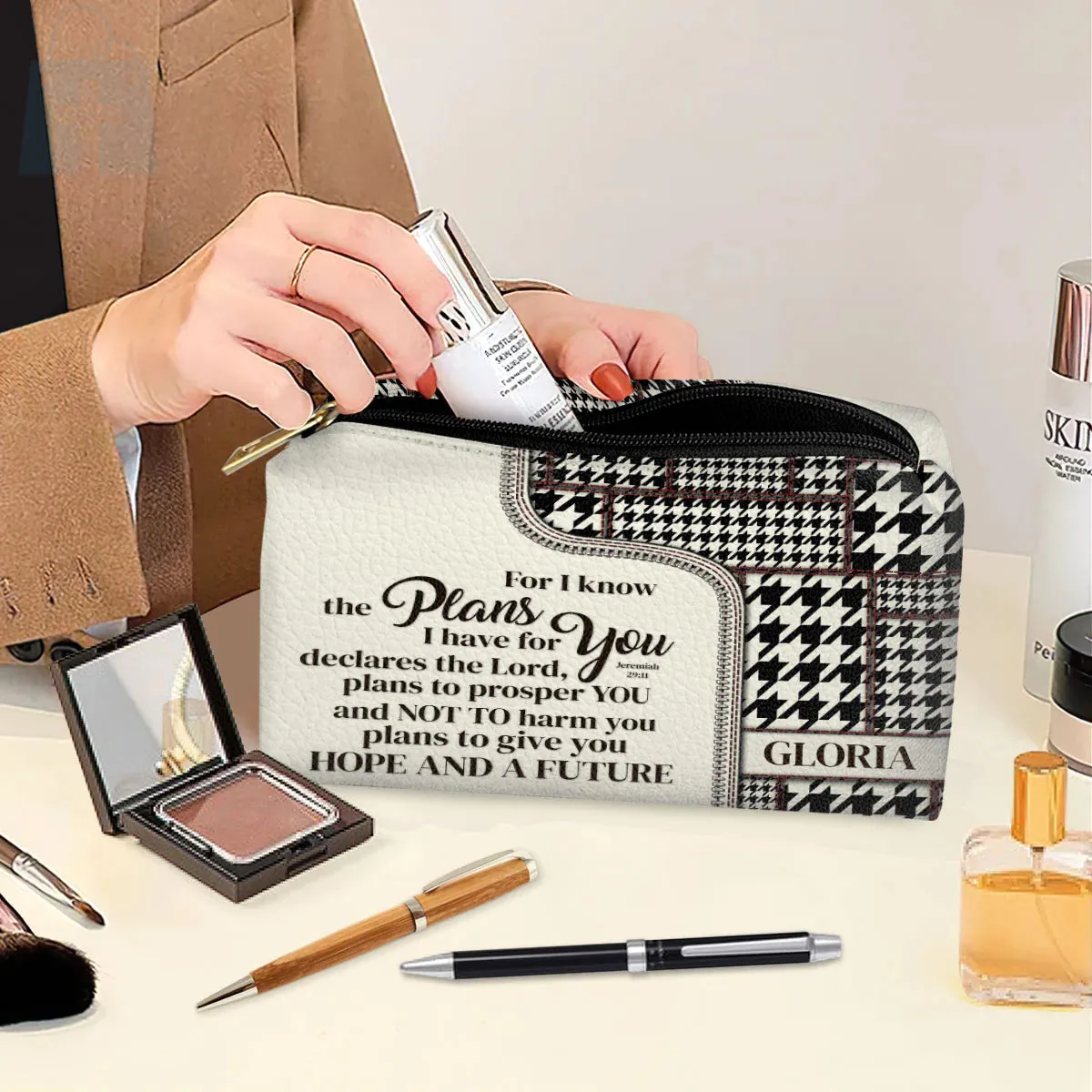 Christianartbag Makeup Cosmetic Bag, For I Know The Plans I Have For You, Christmas Gift, Personalized Leather Cosmetic Bag.