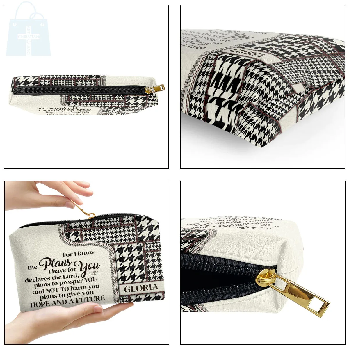 Christianartbag Makeup Cosmetic Bag, For I Know The Plans I Have For You, Christmas Gift, Personalized Leather Cosmetic Bag.