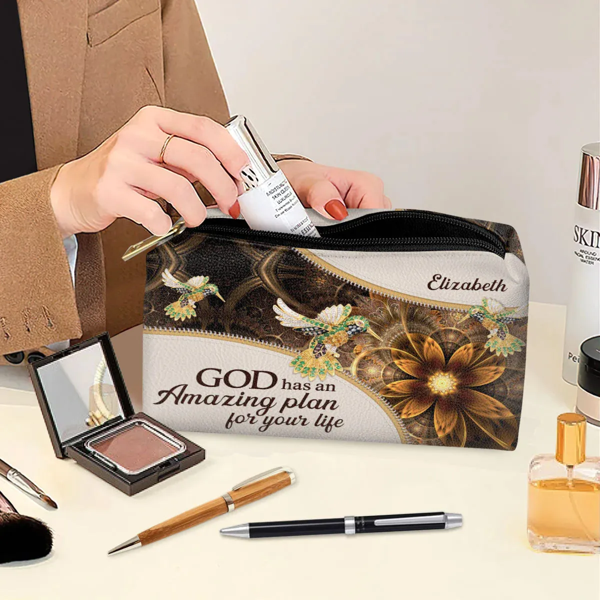 Christianartbag Makeup Cosmetic Bag, God Has An Amazing Plan For Your Life, Christmas Gift, Personalized Leather Cosmetic Bag.