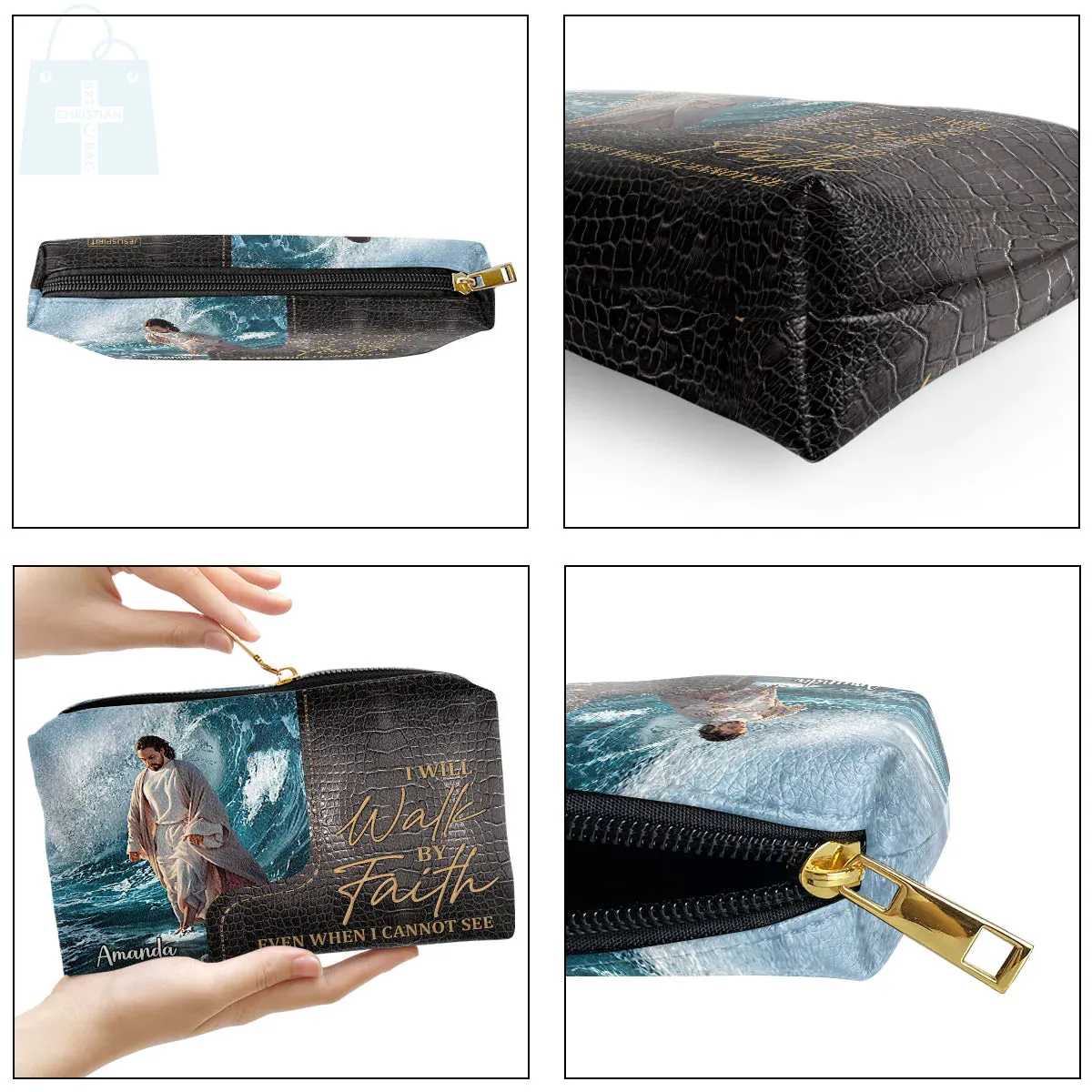 Christianartbag Makeup Cosmetic Bag, I Will Walk By Faith Even When I Cannot See, Christmas Gift, Personalized Leather Cosmetic Bag.