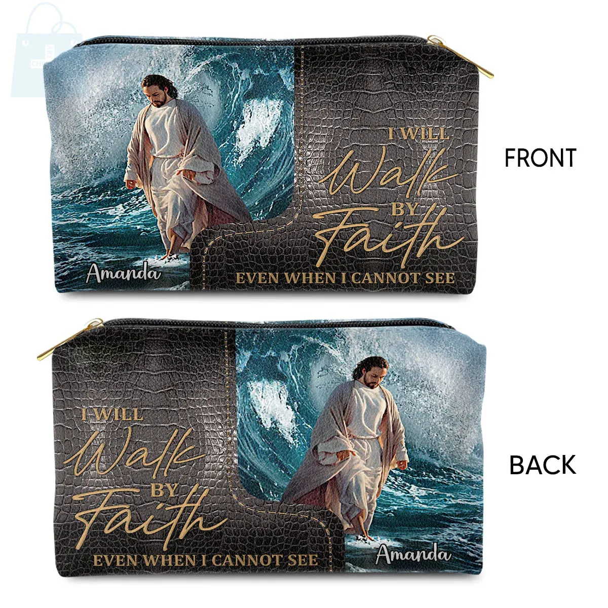 Christianartbag Makeup Cosmetic Bag, I Will Walk By Faith Even When I Cannot See, Christmas Gift, Personalized Leather Cosmetic Bag.