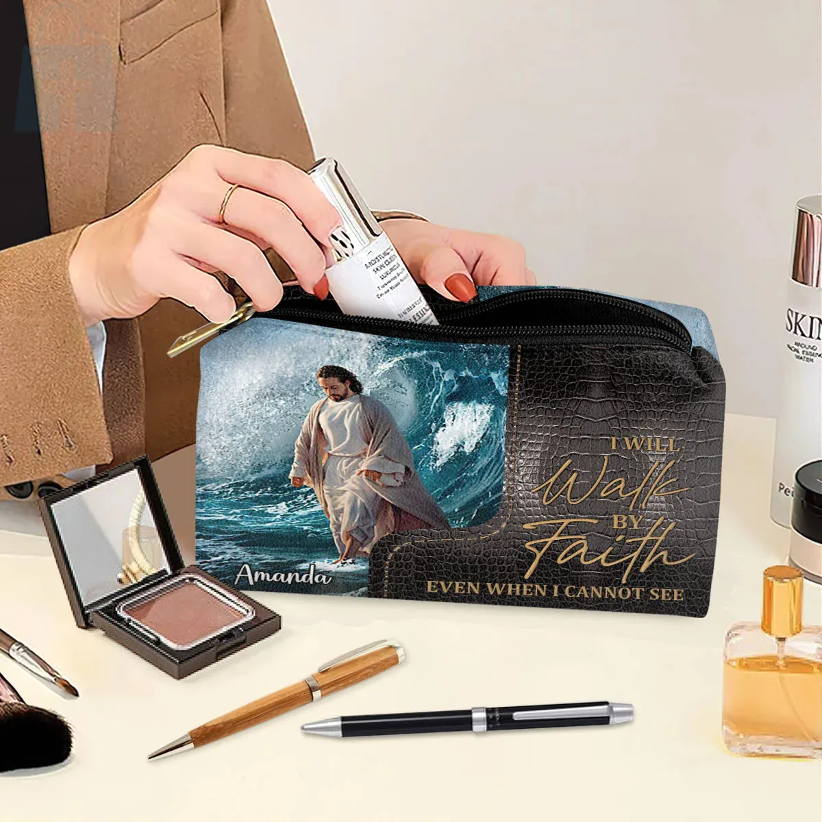 Christianartbag Makeup Cosmetic Bag, I Will Walk By Faith Even When I Cannot See, Christmas Gift, Personalized Leather Cosmetic Bag.
