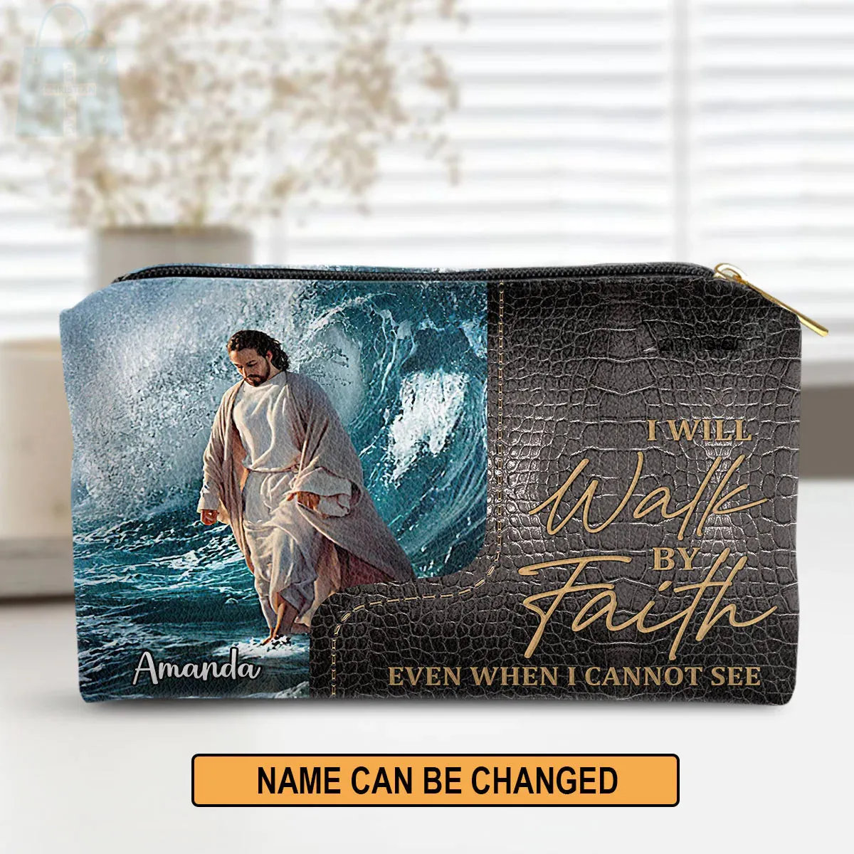 Christianartbag Makeup Cosmetic Bag, I Will Walk By Faith Even When I Cannot See, Christmas Gift, Personalized Leather Cosmetic Bag.