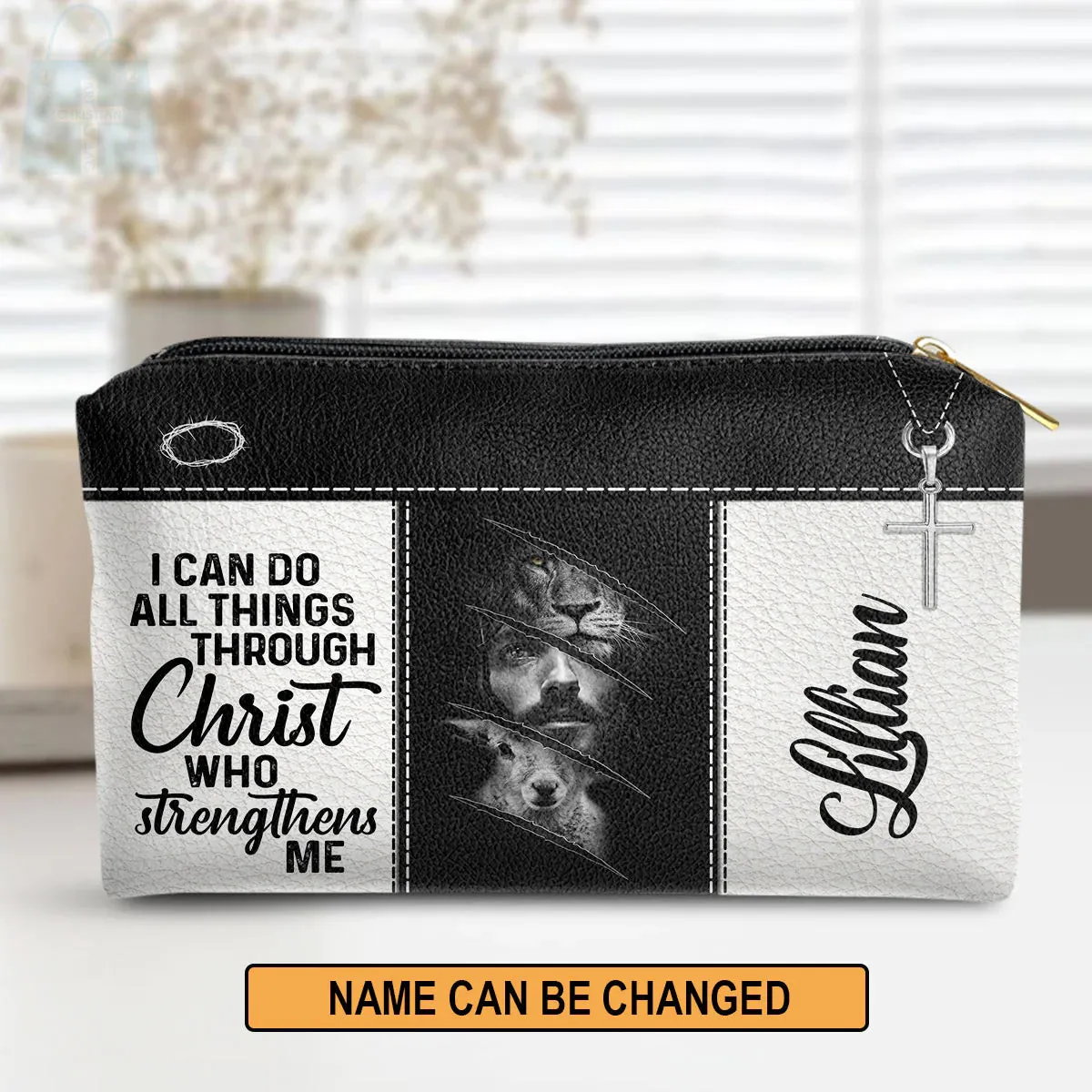 Christianartbag Makeup Cosmetic Bag, Jesus & Lion, Christmas Gift, Personalized Leather Cosmetic Bag.