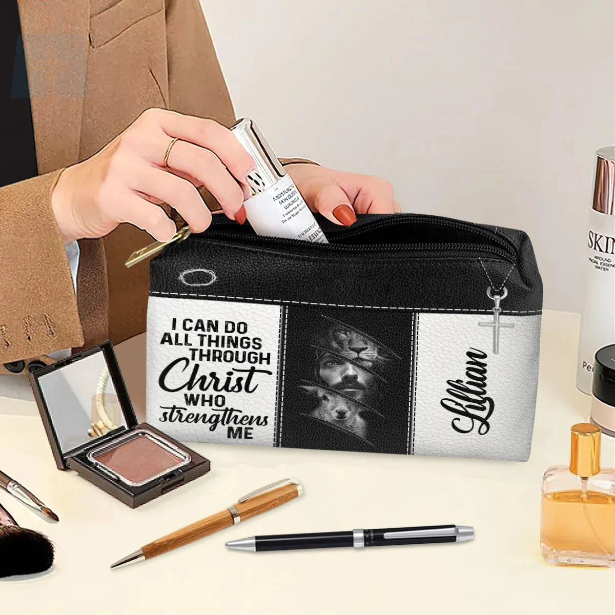 Christianartbag Makeup Cosmetic Bag, Jesus & Lion, Christmas Gift, Personalized Leather Cosmetic Bag.