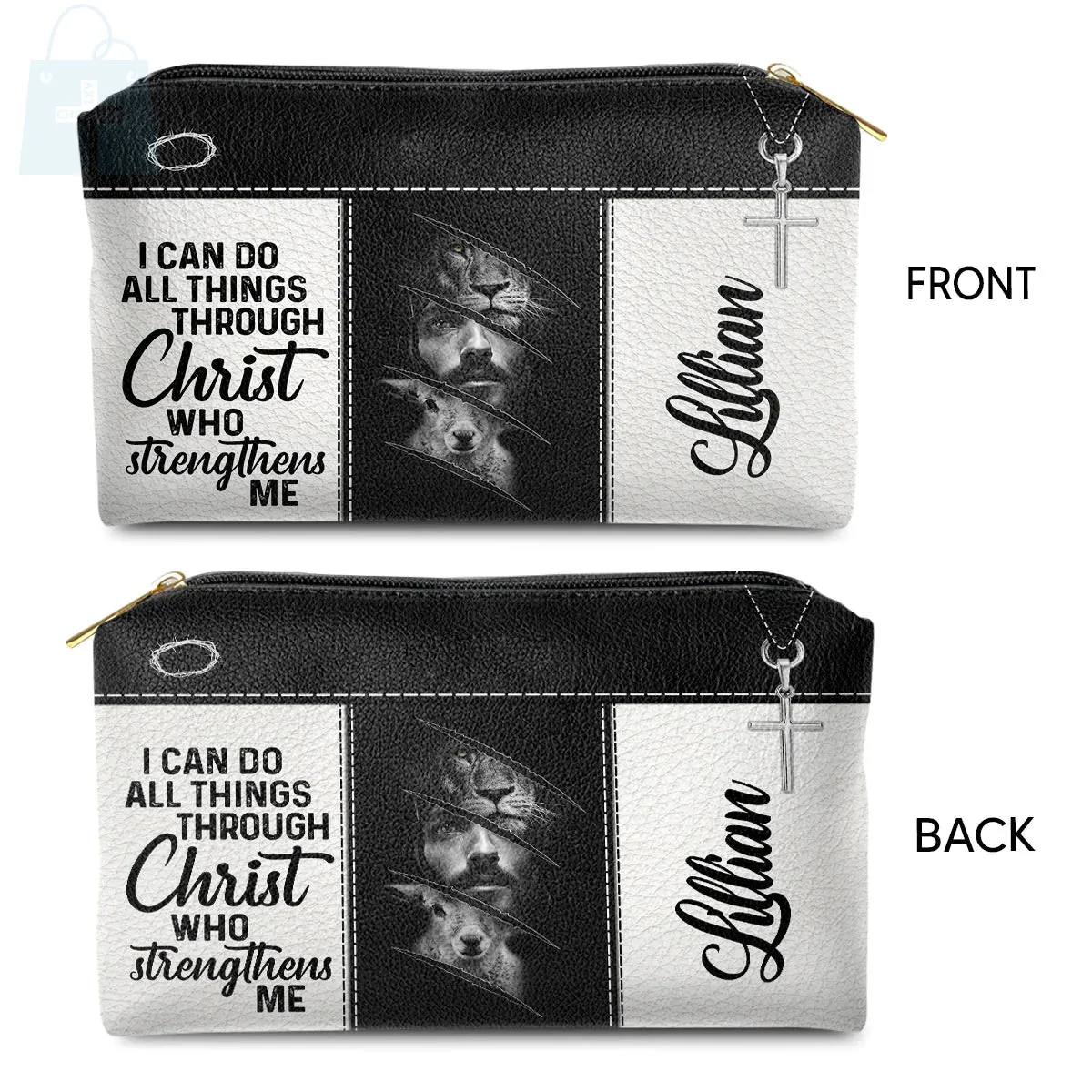 Christianartbag Makeup Cosmetic Bag, Jesus & Lion, Christmas Gift, Personalized Leather Cosmetic Bag.