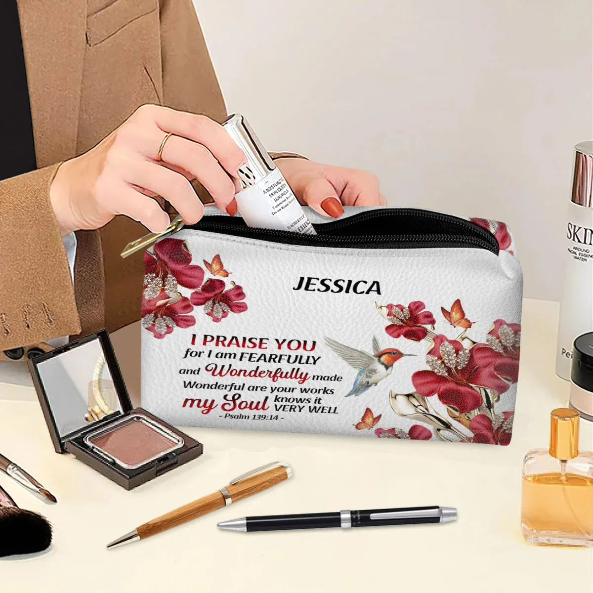 Christianartbag Makeup Cosmetic Bag, My Soul Knows It Very Well, Christmas Gift, Personalized Leather Cosmetic Bag.