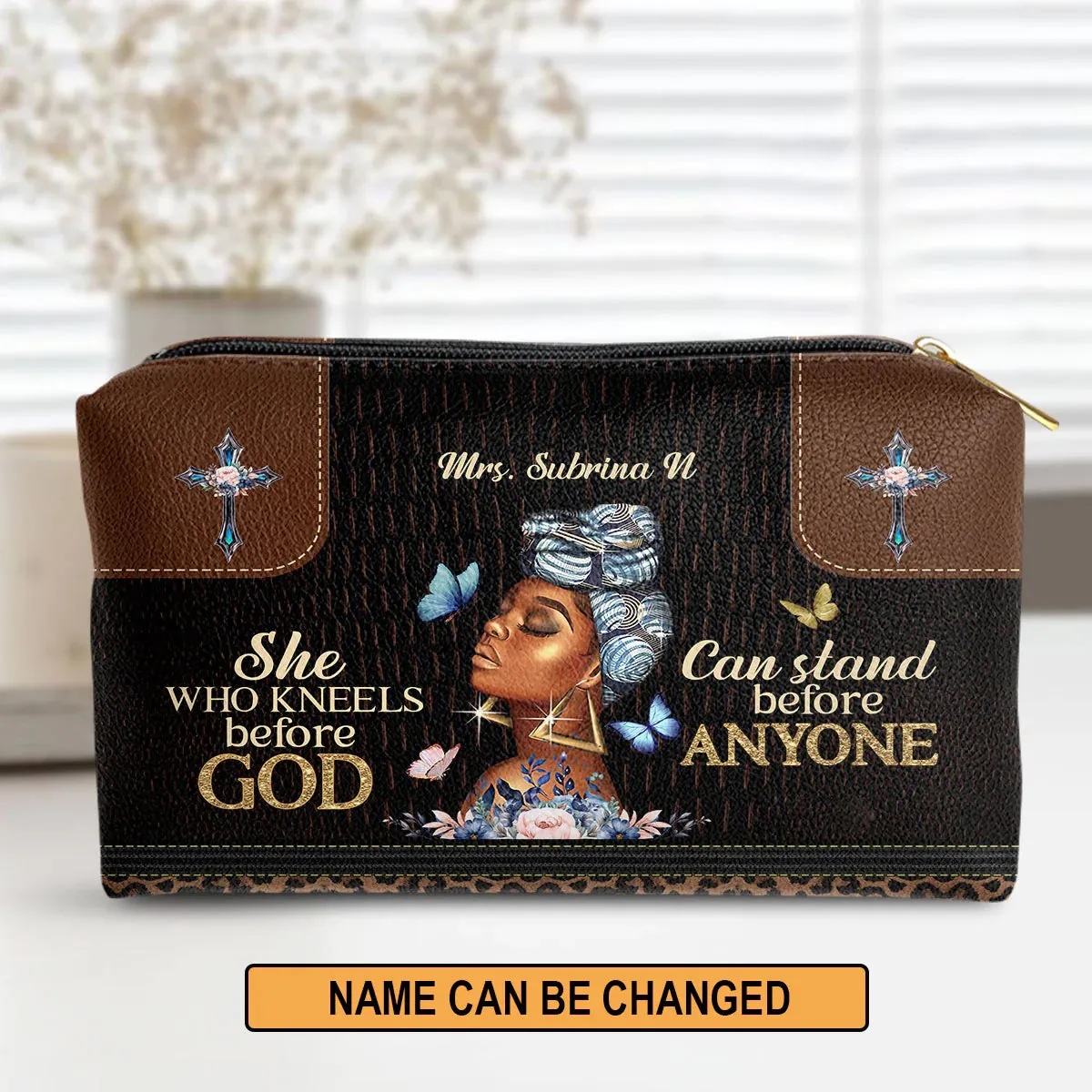 Christianartbag Makeup Cosmetic Bag, She Who Kneels Before God Can Stand Before Anyone, Christmas Gift, Personalized Leather Cosmetic Bag.
