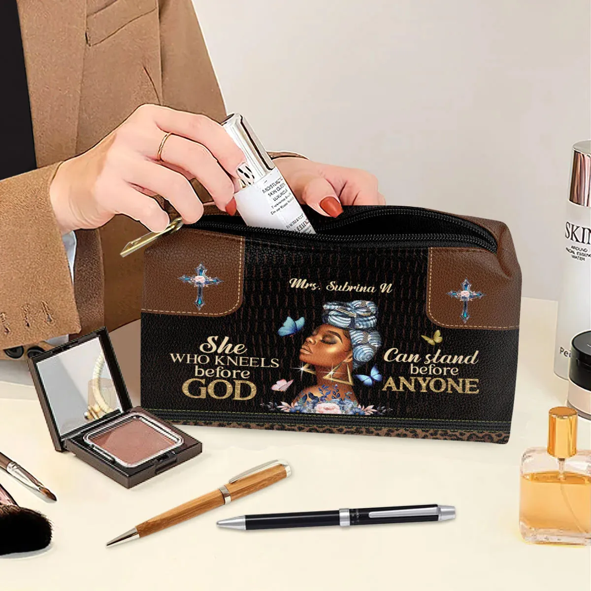 Christianartbag Makeup Cosmetic Bag, She Who Kneels Before God Can Stand Before Anyone, Christmas Gift, Personalized Leather Cosmetic Bag.