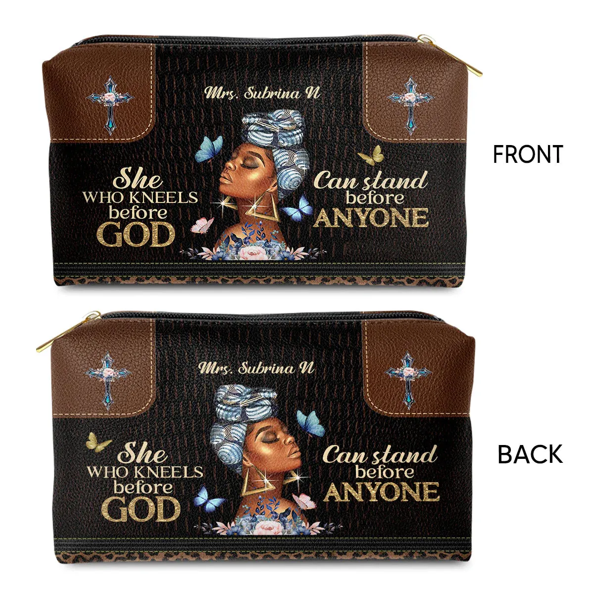Christianartbag Makeup Cosmetic Bag, She Who Kneels Before God Can Stand Before Anyone, Christmas Gift, Personalized Leather Cosmetic Bag.