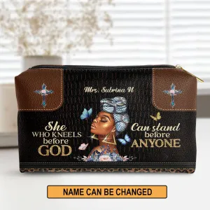 Christianartbag Makeup Cosmetic Bag, She Who Kneels Before God Can Stand Before Anyone, Christmas Gift, Personalized Leather Cosmetic Bag.