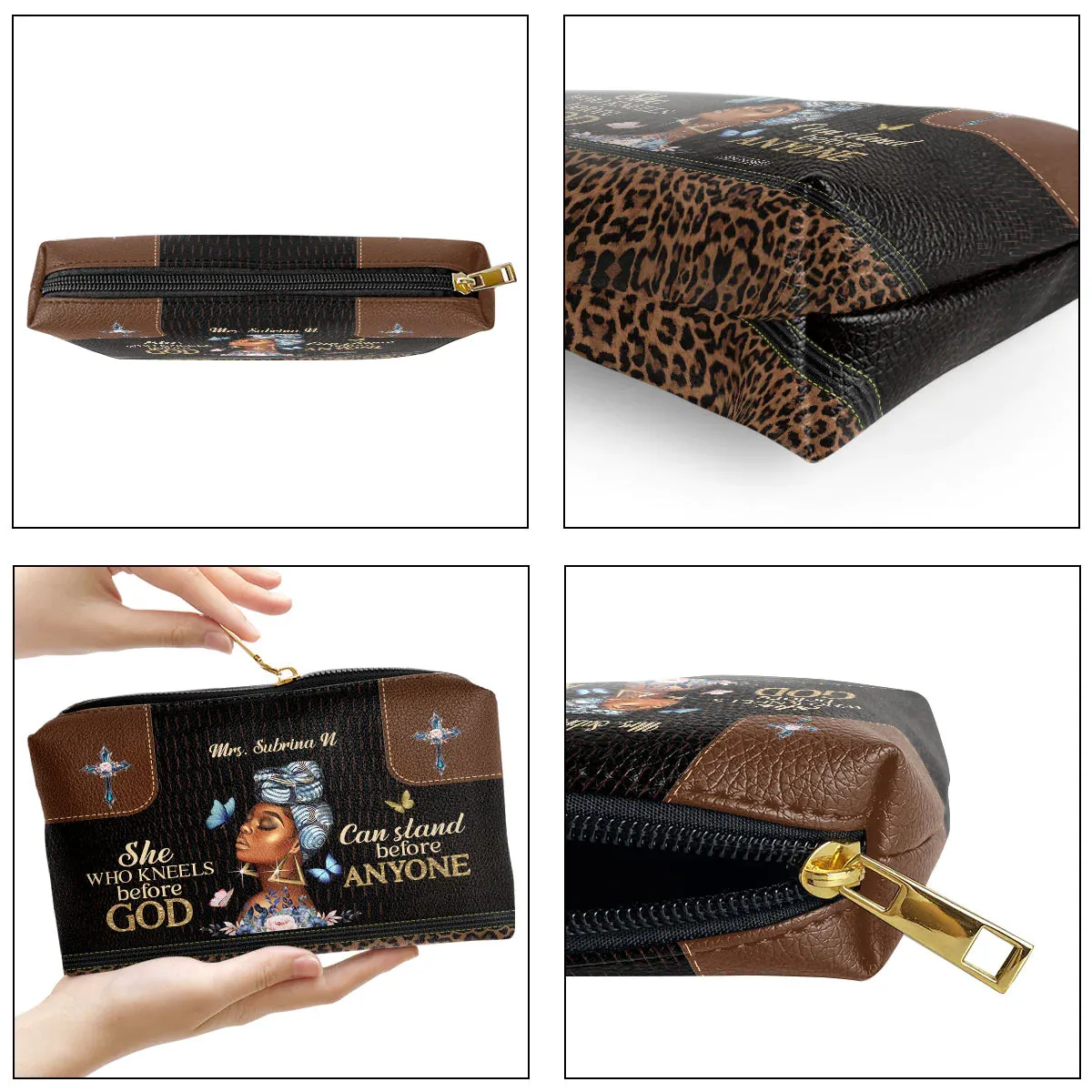 Christianartbag Makeup Cosmetic Bag, She Who Kneels Before God Can Stand Before Anyone, Christmas Gift, Personalized Leather Cosmetic Bag.