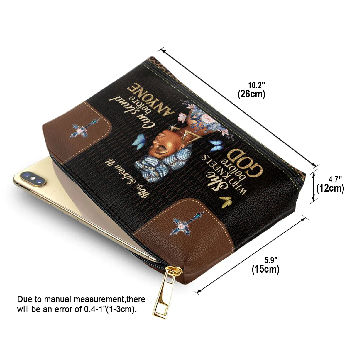 Christianartbag Makeup Cosmetic Bag, She Who Kneels Before God Can Stand Before Anyone, Christmas Gift, Personalized Leather Cosmetic Bag.