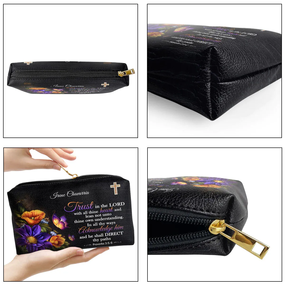 Christianartbag Makeup Cosmetic Bag, Trust In The Lord With All Thine Heart, Christmas Gift, Personalized Leather Cosmetic Bag.