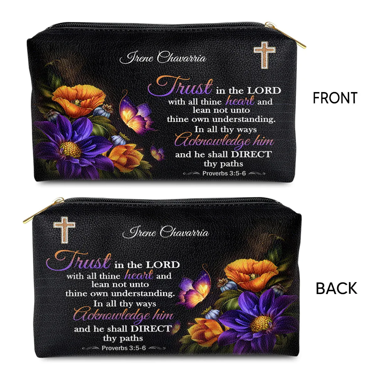 Christianartbag Makeup Cosmetic Bag, Trust In The Lord With All Thine Heart, Christmas Gift, Personalized Leather Cosmetic Bag.