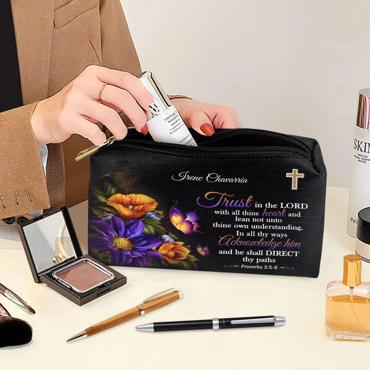 Christianartbag Makeup Cosmetic Bag, Trust In The Lord With All Thine Heart, Christmas Gift, Personalized Leather Cosmetic Bag.