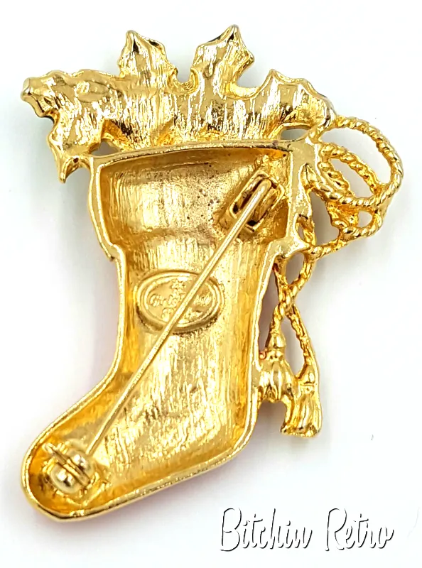 Christopher Radko Christmas Stocking Brooch with Rhinestones and Holly