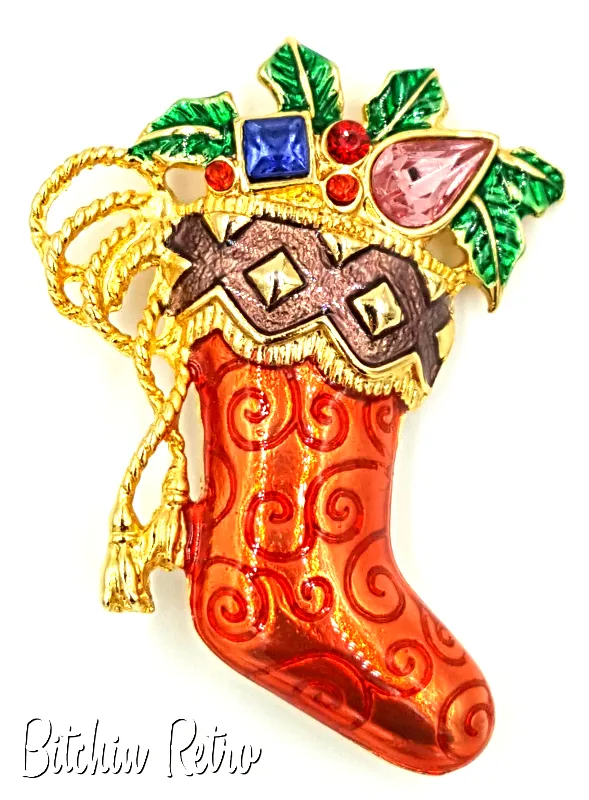 Christopher Radko Christmas Stocking Brooch with Rhinestones and Holly