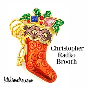 Christopher Radko Christmas Stocking Brooch with Rhinestones and Holly