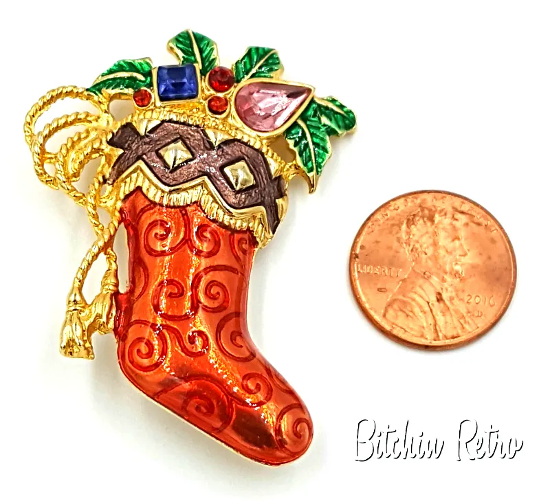 Christopher Radko Christmas Stocking Brooch with Rhinestones and Holly