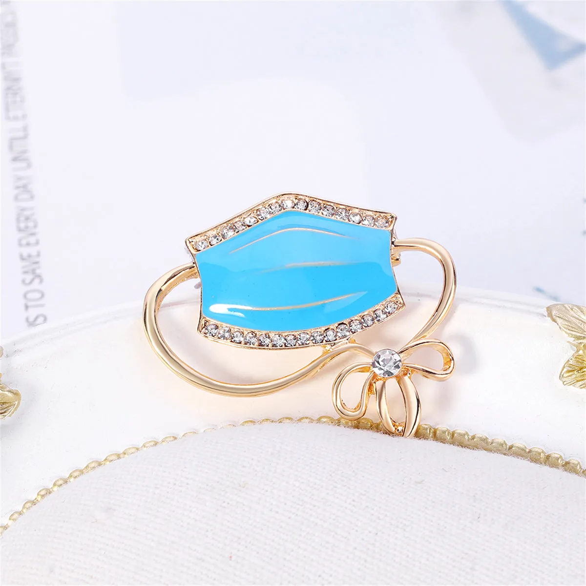 Clear Cubic Zirconia & Blue Enamel Mask Brooch