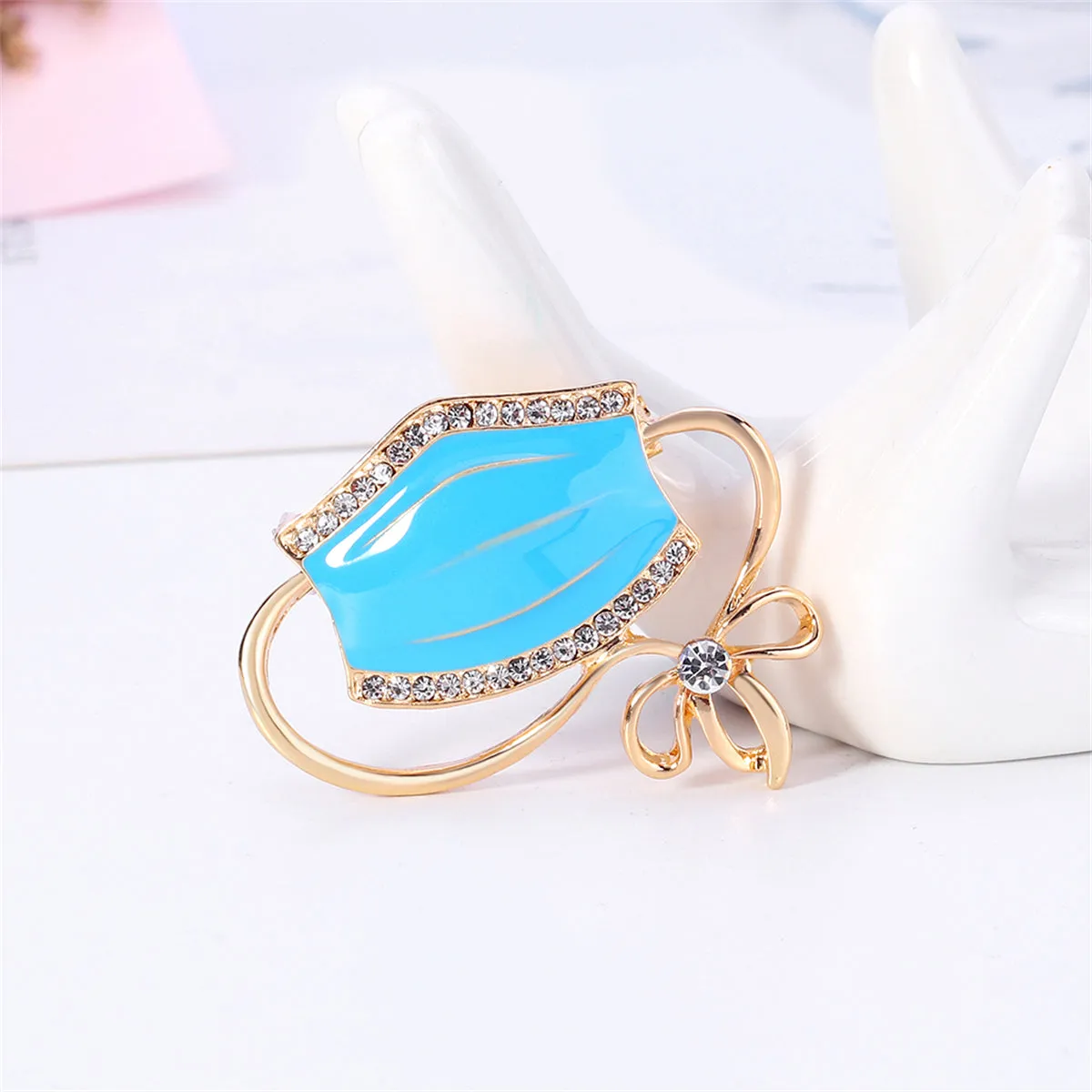 Clear Cubic Zirconia & Blue Enamel Mask Brooch