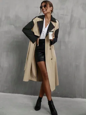 CM-CS846472 Women Elegant Seoul Style Two Tone Double Breasted Belted Trench Coat