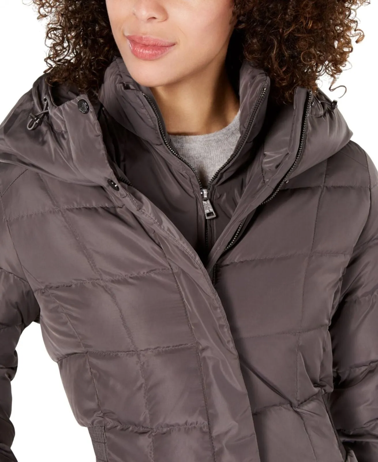 Cole Haan Womens Quilted Hooded Down Maxi Puffer Coat 1677d2fbce96d5 Gray 2XL