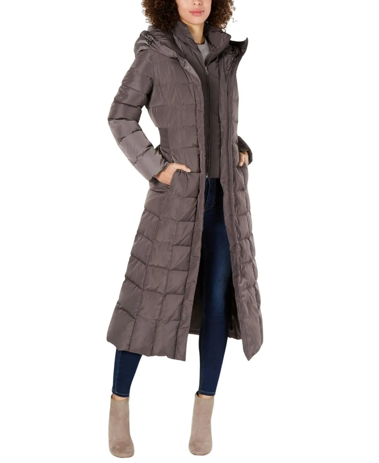 Cole Haan Womens Quilted Hooded Down Maxi Puffer Coat 1677d2fbce96d5 Gray 2XL