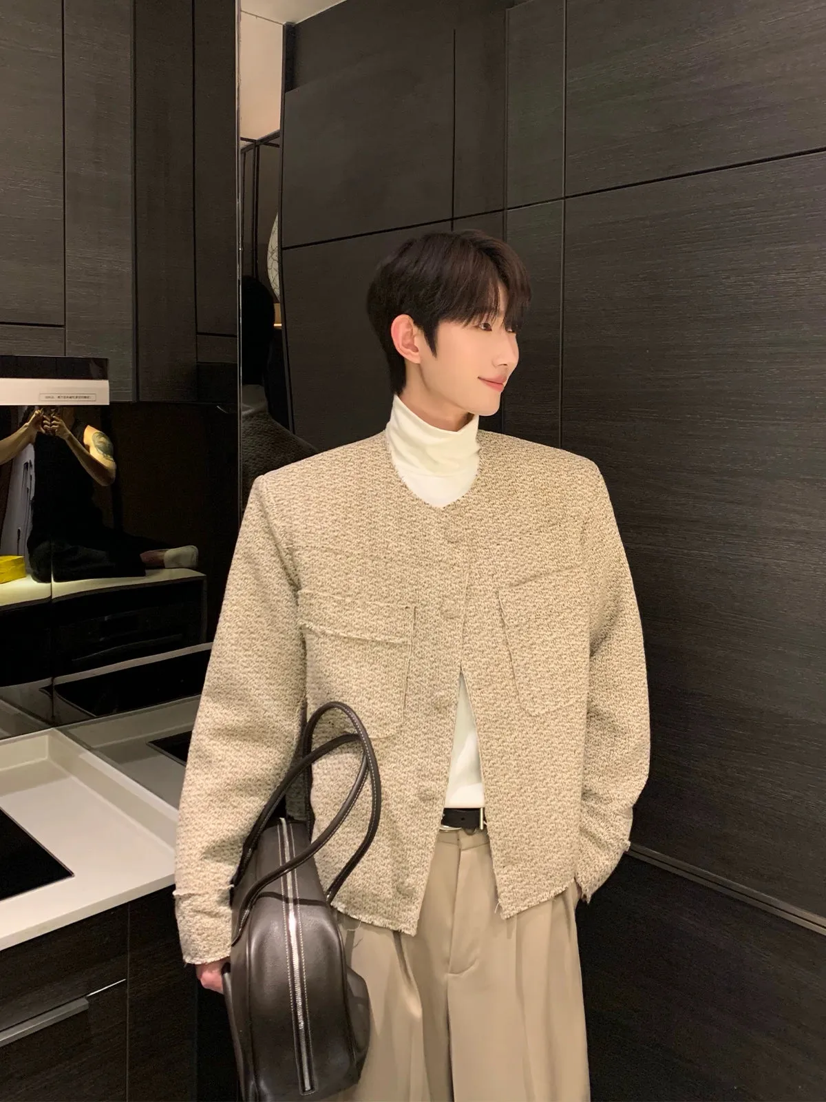 Collarless Wool Multi-pocket Padded Jacket