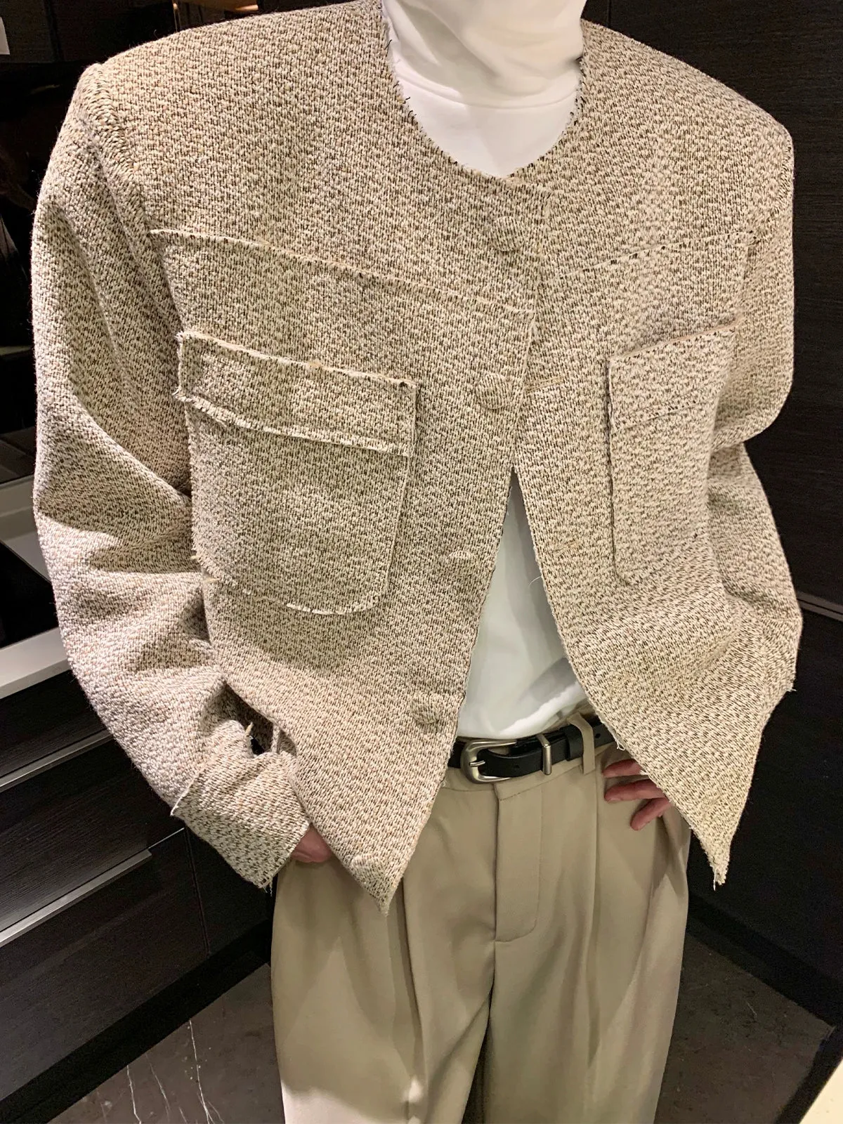 Collarless Wool Multi-pocket Padded Jacket