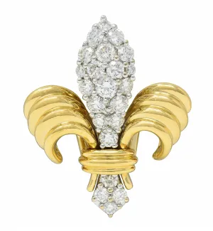 Contemporary 1.30 CTW Diamond 18 Karat Two-Tone Gold Fleur-De-Lis Pendant