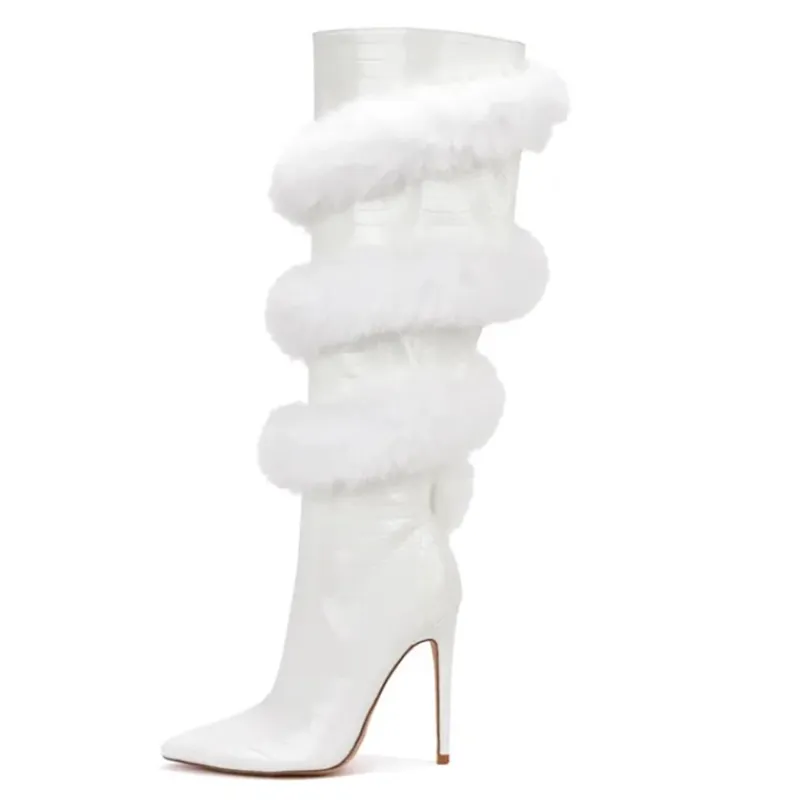 Croc leather sprial fur knee high boots