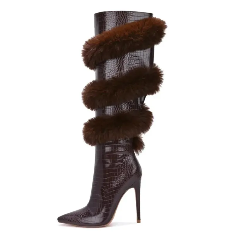 Croc leather sprial fur knee high boots