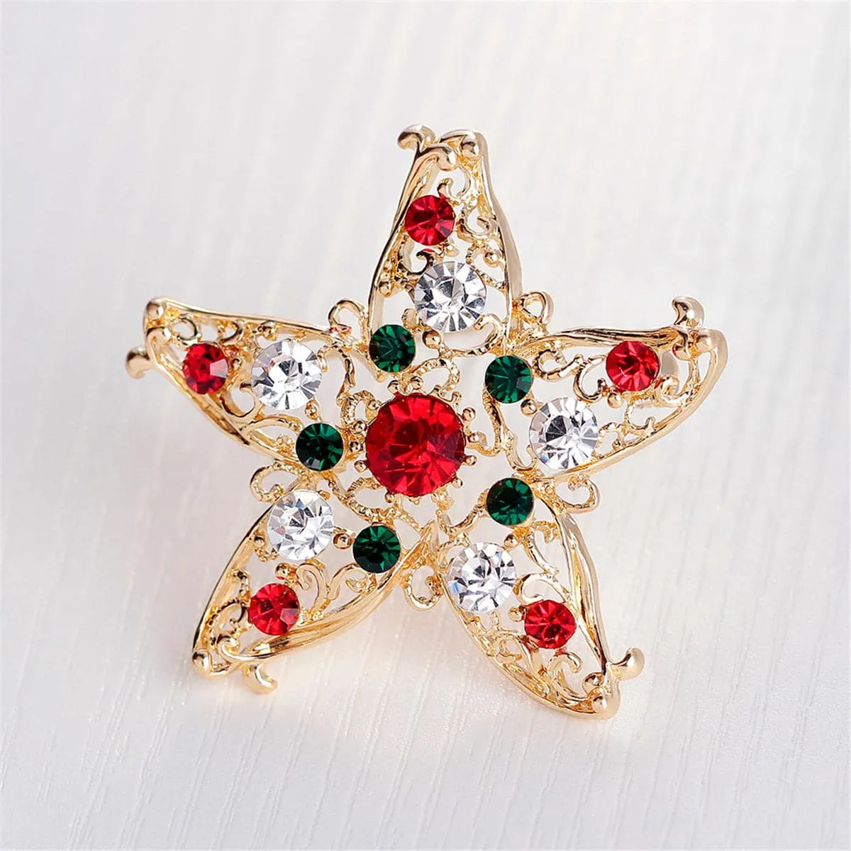 Cubic Zirconia & 18K Gold-Plated Filigree Star Brooch