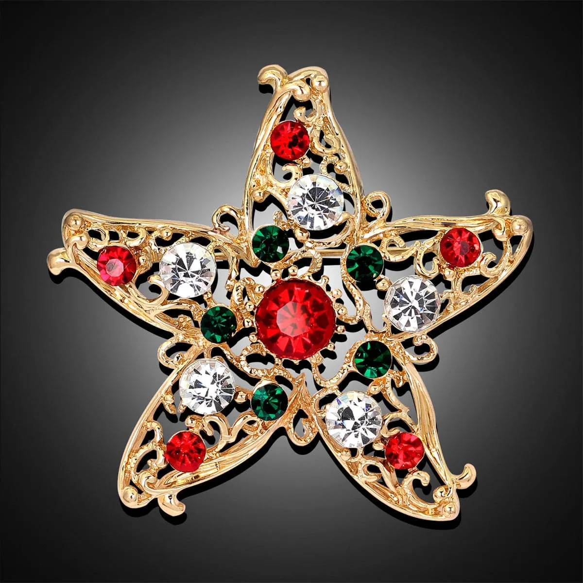 Cubic Zirconia & 18K Gold-Plated Filigree Star Brooch
