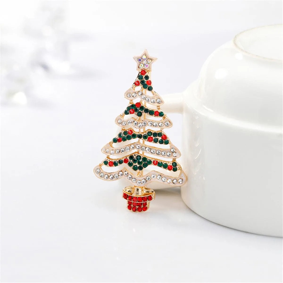 Cubic Zirconia & 18K Gold-Plated Potted Christmas Tree Brooch