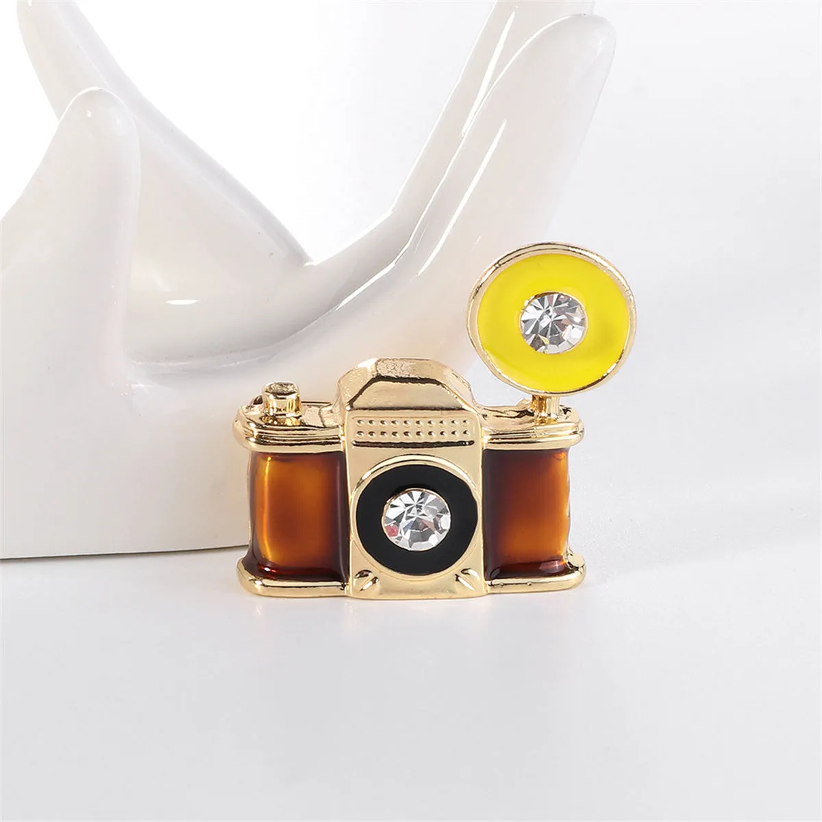 Cubic Zirconia & Gold-Plated Camera Brooch