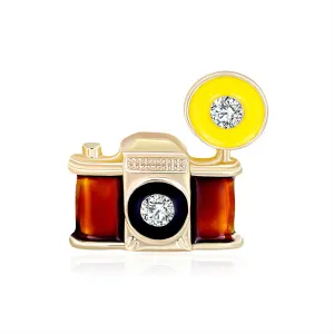 Cubic Zirconia & Gold-Plated Camera Brooch
