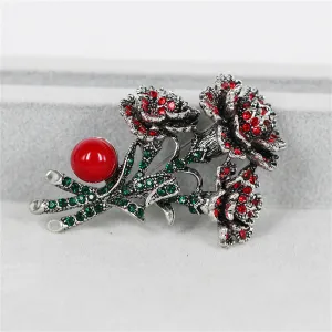 Cubic Zirconia & Red Resin Silver-Plated Flower Brooch